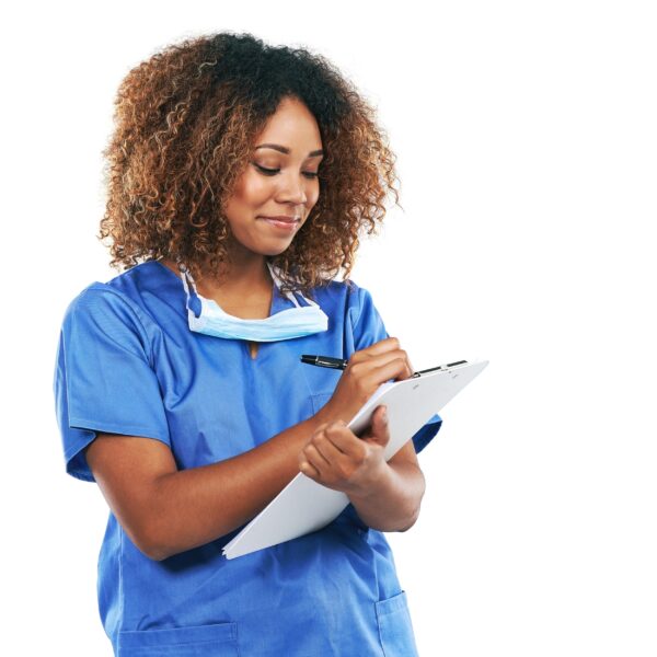 nurse-healthcare-black-woman-writing-checklist-studio-isolated-white-background-mockup-wellness-documents-female-medical-physician-taking-notes-clipboard-research-records