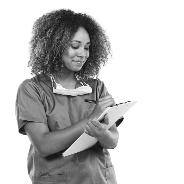nurse-healthcare-black-woman-writing-checklist-studio-isolated-white-background-mockup-wellness-documents-female-medical-physician-taking-notes-clipboard-research-recordsBW